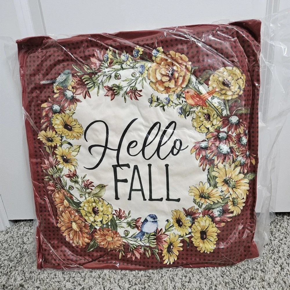 Farmhouse Cottagecore Hello Fall Accent Pillow 18x18 Red Floral Plaid Reversible